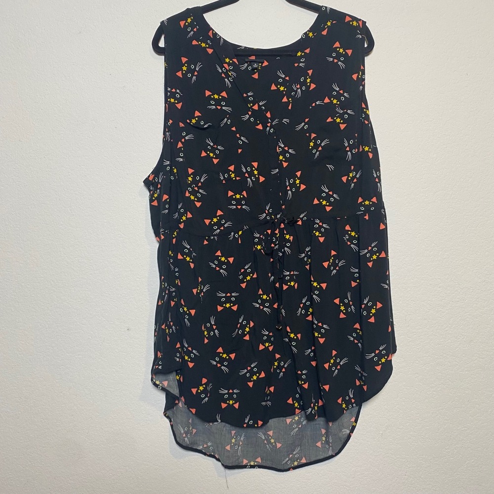 Torrid Black Babydoll‎ Sleeveless Black Blouse Womens 3 Cat Whimsical Novelty - Picture 9 of 11